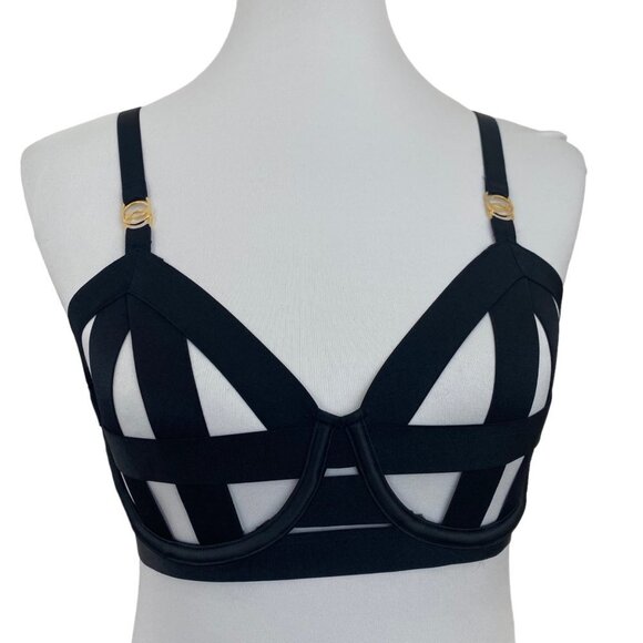 Victoria's Secret VERY SEXY Unlined Strappy Demi Bra Black Bandage Open Cage 34C - Picture 1 of 8